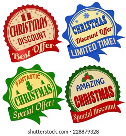 Promotional label, sticker or stamps for Christmas offer on white, vector illustration