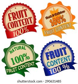 Promotional label, sticker or stamps for one hundred percent fruit content on white, vector illustration