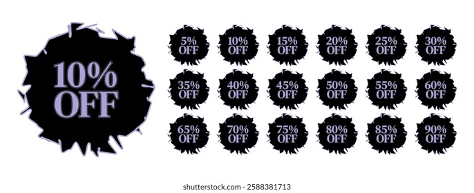 Promotional labels with different discount percentages. Abstract shape, broken glass, hole. 5, 10, 15, 20, 25, 30, 35, 40, 45, 50, 55, 60, 65, 70, 75, 80, 85, 90 percent off.