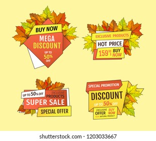 Promotional labels with maple leaves, oak foliage color autumn symbols on advert tag. Exclusive offer only one day on Thanksgiving special final price