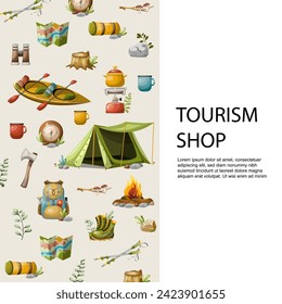

Promotional leaflet tourism camping items. Freehand drawing. Isolate on a white background. Vector