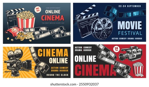 O material promocional apresenta gráficos vibrantes celebrando um festival de cinema on-line. Destaca vários gêneros de filmes, incluindo drama de comédia de ação e horror, com datas de eventos incluídas.