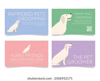 Promotional materials showcase grooming services for pets, highlighting options like Pampered Pets, Happy Tails, Furry Friends, and The Pet Groomer, each with a unique design.