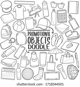 Promotional Objects doodle icon set. Advertising Gifts Vector illustration collection. Hand drawn Line art style.