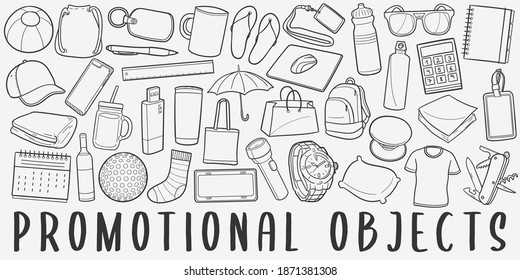 Promotional Objects, doodle icon set. Marketing Country Style Vector illustration collection. Banner Hand drawn Line art style.