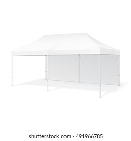 Promotional Outdoor Event Trade Show Pop-Up Tent Mobile Marquee. Mock Up, Template. Illustration Isolated On White Background. Ready For Your Design. Product Advertising Vector