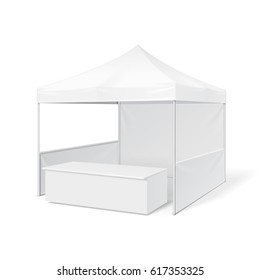 Promotional Outdoor Event Trade Show Pop-Up Tent Mobile Marquee. Mock Up, Template. Illustration Isolated On White Background. Ready For Your Design. Product Advertising. Vector EPS10