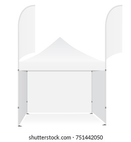 Promotional outdoor pop up canopy tent with flags banners isolated on white background. Blank advertising mockups for design or branding. Vector illustration