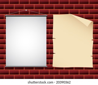 promotional paper and canvas banners on a wall