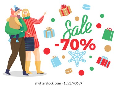 Promotional poster, 70 percent off reduction for season of holidays. Family shopping with kid. Presents in boxes with ribbon bows. Father holding kid on hands. Woman pointing on sale, vector