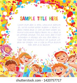 Promotional poster or banner template for a children's event. Advertising holiday template. Kids have fun jumping and dancing on confetti background. Kids party. Ready made design for a theme park