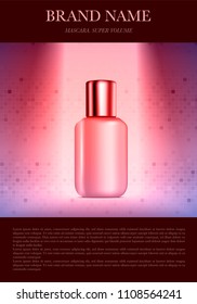 Promotional poster for a bottle of cream on a textured red background. Vector. Layout design of leaflet, poster, sticker