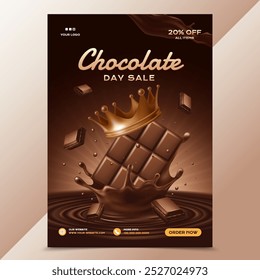 A promotional poster for a chocolate day sale featuring a crown-topped chocolate bar splashing into liquid chocolate. 