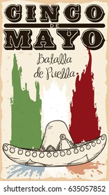 Promotional poster for Cinco de Mayo celebration (written in Spanish) with Mexican paintbrushes colors and mariachi's hat in hand drawn style squashing French flag colors.