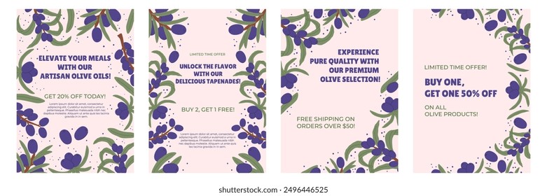 Promotional Poster or Flyer with Purple Olive Branches and Green Leaves. Highlight special offers such as discounts and free shipping, emphasizing premium quality products