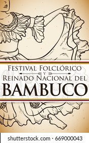 Promotional poster in hand drawn style for Bambuco Pageant and Folkloric Festival celebration (written in Spanish) with view of a beautiful woman dancing.