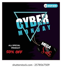 Promotional poster highlighting Cyber ​​Monday deals with bold typography, neon accents, and discount offers of up to fifty percent. Flat vector modern illustration 