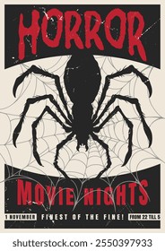 A promotional poster highlights a horror movie night event. The design features a large spider and intricate web details emphasizing a spooky atmosphere.