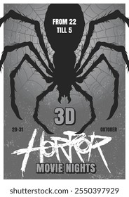 Un afiche promocional destaca las próximas noches de películas de terror con un diseño de araña espeluznante y detalles sobre el momento del evento.