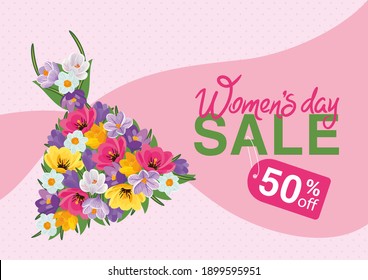 Promotional poster for International Women's Day with a beautiful dress made of blooming crocuses and tulips. Vector illustration, poster, flyer, banner, voucher.