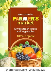 Promotional poster for farmer’s market. Vector illustration.