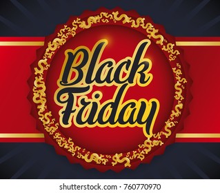 Promotional poster with red ribbon with golden money symbols around it for Black Friday sales.