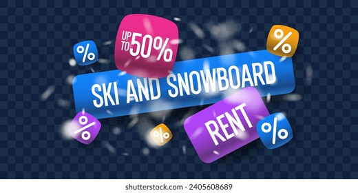A promotional poster for renting ski equipment. A poster for ski goods. Vector graphics. Elements for the design.