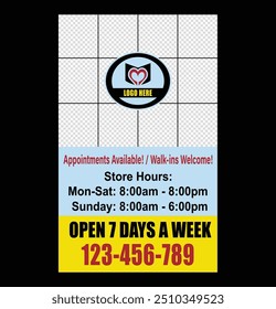 A promotional poster showcasing space for a photo collage above, with a central logo. The poster highlights store hours and contact details.
