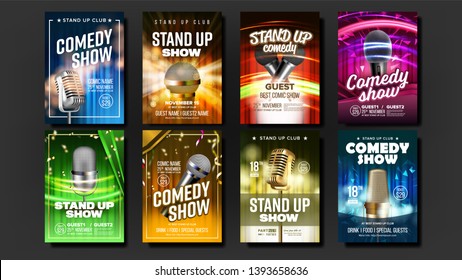 Promotional Poster Of Stand Up Show Set Vector. Microphones, Bright Confetti And Multicolored Curtains Depicted On Colorful Advertising Poster Collection. Realistic 3d Illustration