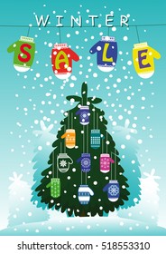 Promotional poster Winter sale with Christmas tree, mittens and falling snow. Christmas tree decorated with mittens.