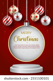 A Promotional posters product discounts of Christmas celebration with product stage and glass Christmas balls hanging on wording of event, white circle hole and red background