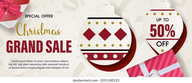 Promotional posters for product discounts of Christmas celebration in paper cut style with Christmas balls and gift box decorated, wording of event on white background. All in vector design.