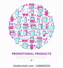 Promotional products concept in circle with thin line icons: notebook, tote bag, sunglasses, t-shirt, water bottle, pen, backpack, cup, hat, travel mug, usb. Vector illustration, print media template.