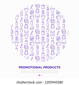 Promotional products concept in circle with thin line icons: notebook, tote bag, sunglasses, t-shirt, water bottle, pen, backpack, cup, hat, travel mug, usb. Vector illustration, print media template