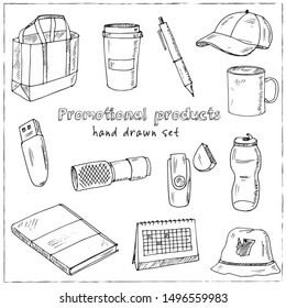 Promotional products hand drawn doodle set. Vector illustration. Isolated elements on white background. Symbol collection.