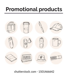 Promotional products hand drawn doodle set. Vector illustration. Isolated elements on white background. Symbol collection.