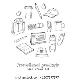 Promotional products hand drawn doodle set. Vector illustration. Isolated elements on white background. Symbol collection.