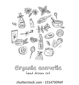 Promotional products hand drawn doodle set. Vector illustration. Isolated elements on white background. Symbol collection.