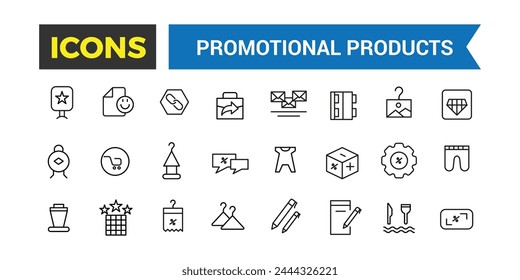 Conjunto de iconos de productos promocionales. Conjunto de gorra de marca, camiseta, taza, planificador, calendario, recuerdos publicitarios, regalos. Paquete de iconos de contorno fino. Ilustración vectorial.