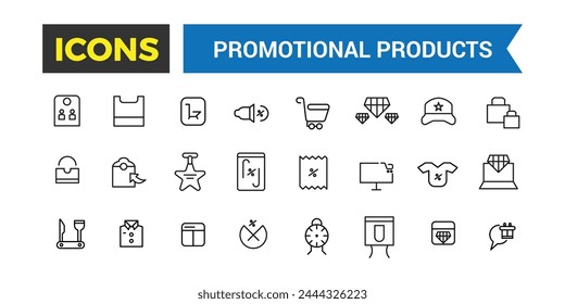 Conjunto de iconos de productos promocionales. Conjunto de gorra de marca, camiseta, taza, planificador, calendario, recuerdos publicitarios, regalos. Paquete de iconos de contorno fino. Ilustración vectorial.