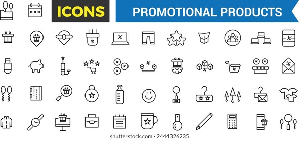 Conjunto de iconos de productos promocionales. Conjunto de gorra de marca, camiseta, taza, planificador, calendario, recuerdos publicitarios, regalos. Paquete de iconos de contorno fino. Ilustración vectorial.