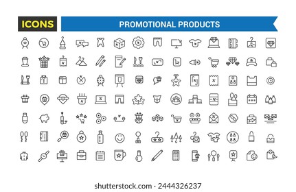 Conjunto de iconos de productos promocionales. Conjunto de gorra de marca, camiseta, taza, planificador, calendario, recuerdos publicitarios, regalos. Paquete de iconos de contorno fino. Ilustración vectorial.