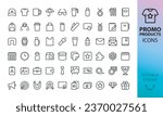 Promotional products isolated icons set. Set of branding cap, t-shirt, cup, planner, calendar, advertising souvenirs, printing materials, promo gifts vector icon with editable stroke