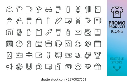 Promotional products isolated icons set. Set of branding cap, t-shirt, cup, planner, calendar, advertising souvenirs, printing materials, promo gifts vector icon with editable stroke
