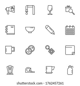 Promotional products line icons set, outline vector symbol collection, linear style pictogram pack. Signs, logo illustration. Set includes icons as advertising bullhorn, gift box, calendar, notebook