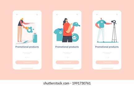 Promotional Products Mobile App Page Onboard Screen Template. Tiny Characters with Huge Brand Identity Items. People Presenting Things with Company Logo, Advert Concept. Cartoon Vector Illustration