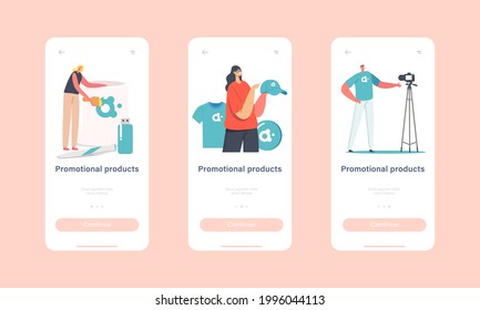 Promotional Products Mobile App Page Onboard Screen Template. Tiny Characters With Huge Brand Identity Items T-Shirt, Cap And Mug With Company Logo, Advert Concept. Cartoon People Vector Illustration