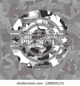 Promotional Products on grey camouflaged texture