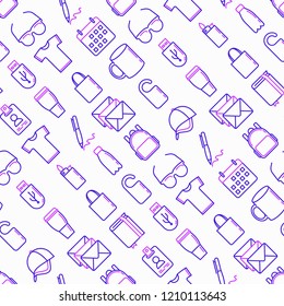 Promotional products seamless pattern with thin line icons: notebook, tote bag, sunglasses, t-shirt, water bottle, pen, backpack, hat, travel mug, usb, lighter, calendar. Modern vector illustration.