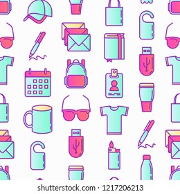 Promotional products seamless pattern with thin line icons: notebook, tote bag, sunglasses, t-shirt, water bottle, pen, backpack, cup, travel mug, usb, lighter, calendar. Modern vector illustration.